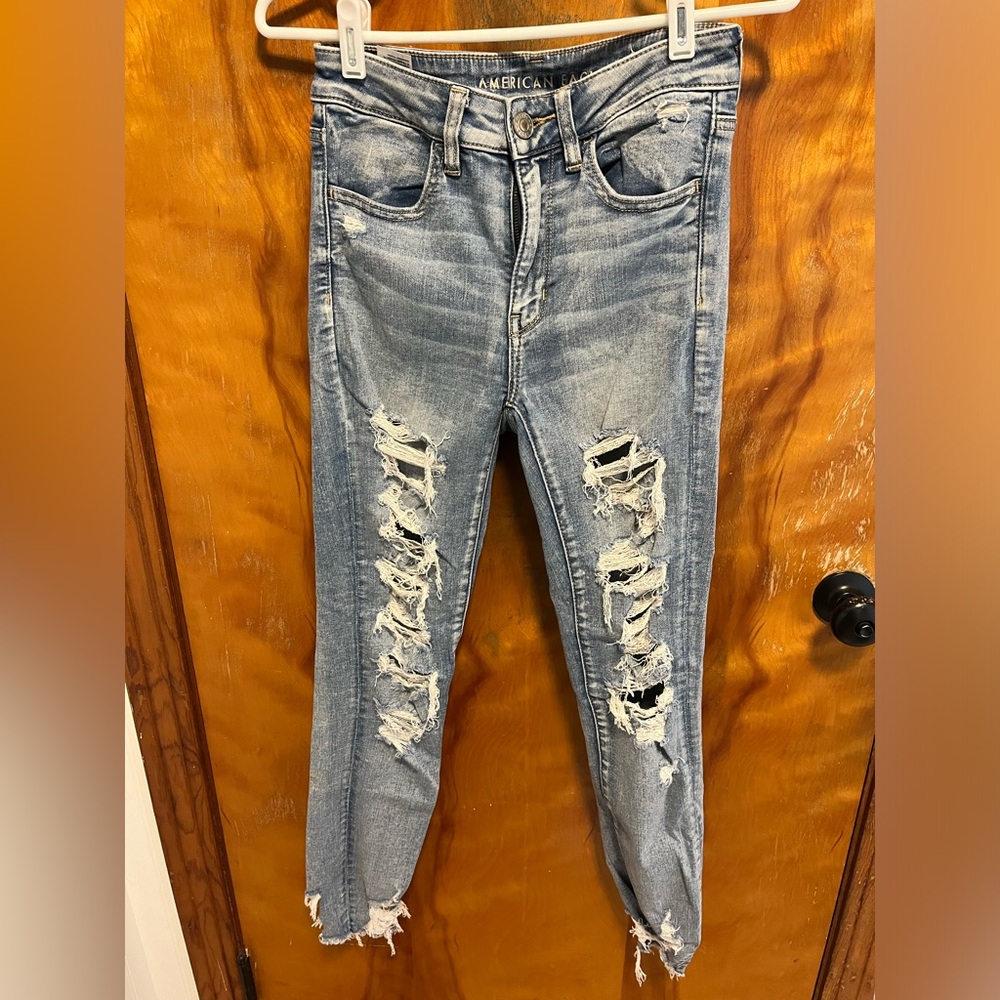 American Eagle Outfitters Distressed Skinny Jeans in Light Blue